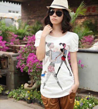 夏日最新时尚潮流女装 潮女甜美手绘T恤
