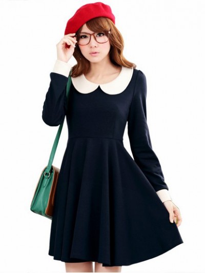 学生领飘逸裙摆长袖连衣裙