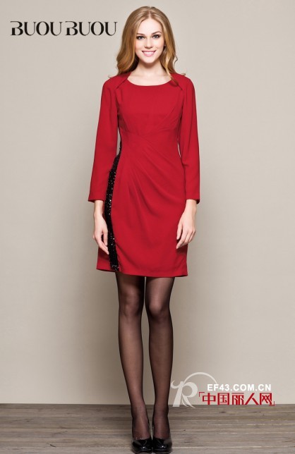 BUOUBUOU邦宝品牌女装  明丽红色调连衣裙穿出优雅品位