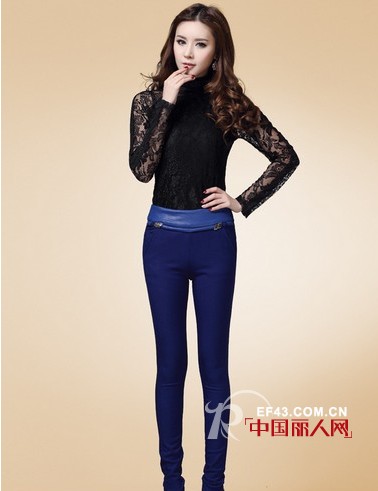 加厚高腰排扣弹力牛仔裤  小脚裤搭配