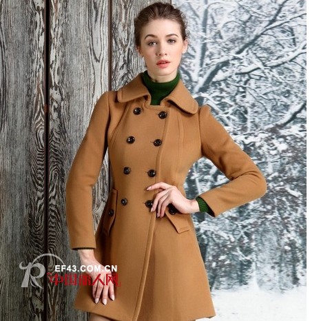 蕾丝拼接毛呢外套 双排扣翻领呢大衣搭配