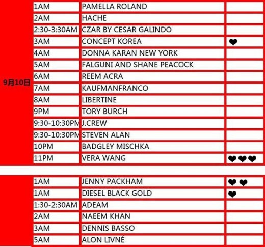 2014春夏纽约时装周日程时间安排表