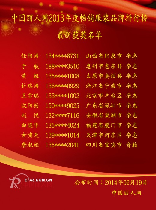 中国丽人网第三届畅销榜活动圆满落幕 2月18日获奖名单公布