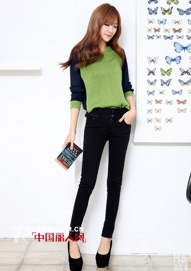 韩都衣舍针织衫甜美look  拼接撞色韩版套头衫搭配