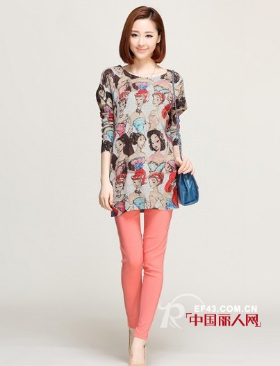 蝙蝠袖圆领印花打底衫搭配  棉布卫衣减龄装扮