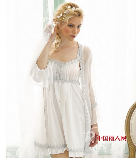 家居服新款 网纱刺绣睡裙睡袍两件套