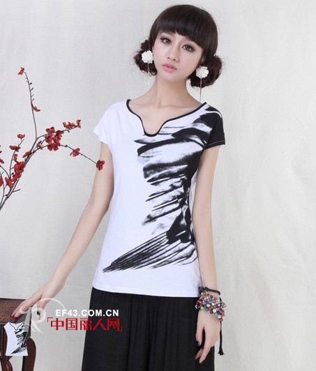 欧根花朵连衣裙新款 水墨中式风格T恤衫搭配