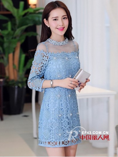 网纱蕾丝七分袖连衣裙 欧美范儿A字蕾丝裙