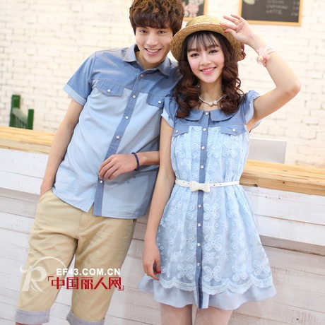 韩范儿情侣装新款 荷叶领蕾丝裙蓬蓬摆公主款