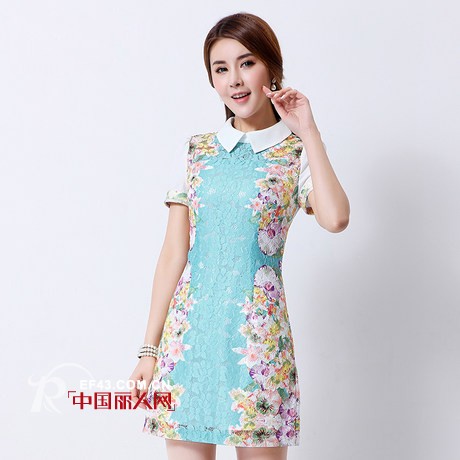 粉蓝色蕾丝印花裙 青花镂空欧根纱气质款