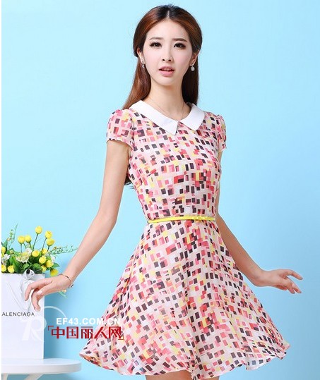 糖果色印花裙新款 彩虹色蕾丝裙甜美范