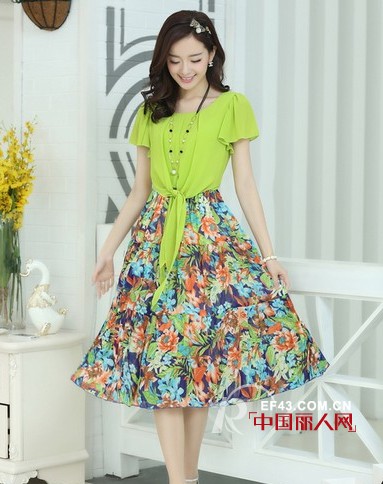 蝙蝠袖连衣裙 田园风碎花雪纺裙 真丝衫新款