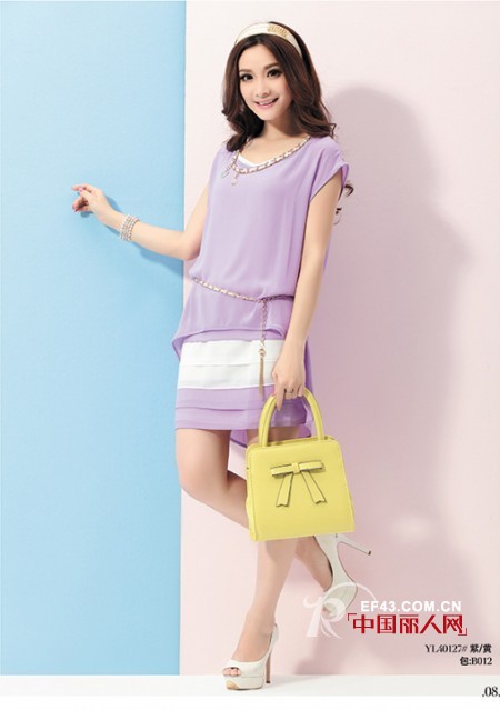 韩版蓝色波点拼接裙 紫色千层摆修身裙名媛款