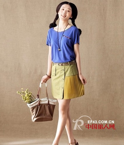 茵曼百褶拼接半身裙 印花拼接高腰裙