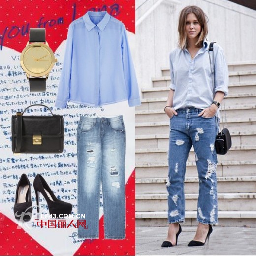 中性休闲的boyfriend风 蓝色衬衫配破洞牛仔裤
