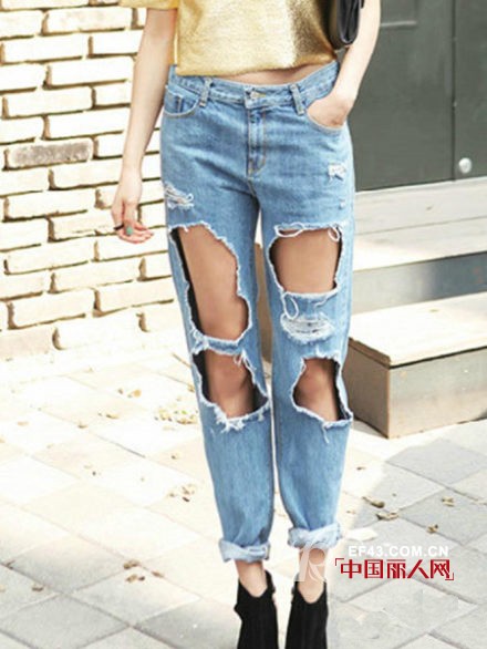 膝盖破洞牛仔裤 破洞牛仔长裤搭配