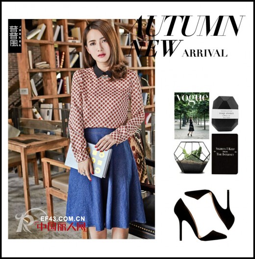 牛仔半裙+复古印花衬衫搭配 秋季出街怎么搭配