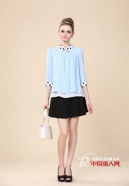 中袖雪纺衫搭配黑色网纱裙 假两件套五分袖连衣裙