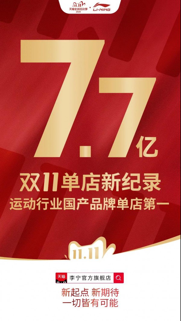 李宁双11天猫官方旗舰店单店成交额突破7.7亿元