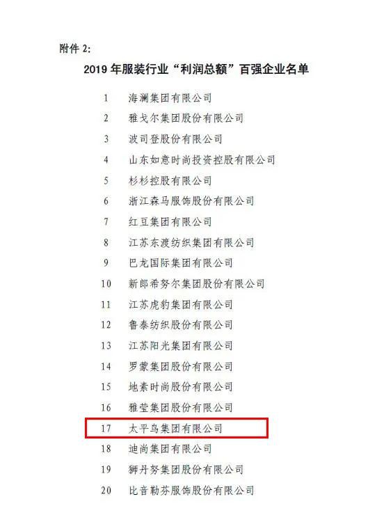 2019服装行业百强公布 太平鸟集团榜上有名