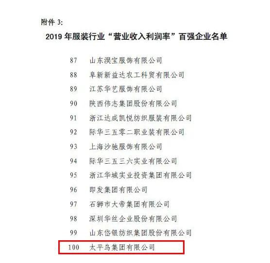 2019服装行业百强公布 太平鸟集团榜上有名