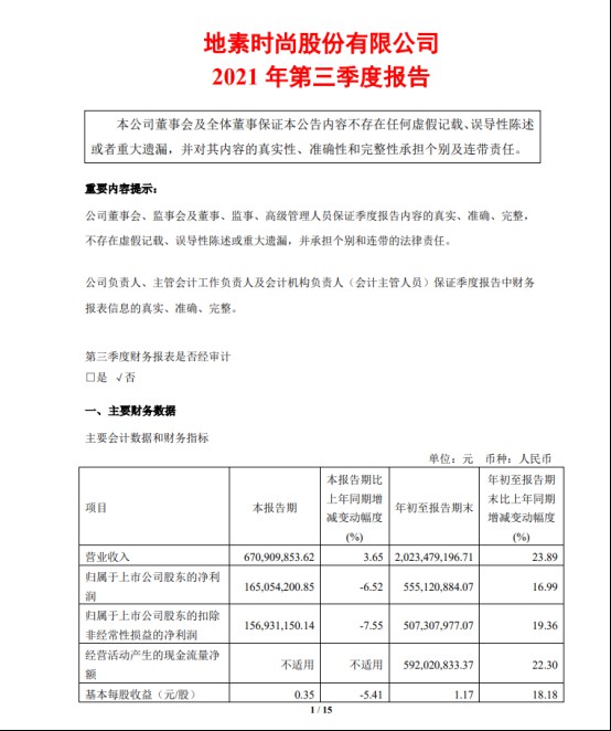 地素时尚发布2021年第三季度业绩报告 收入大涨近24%
