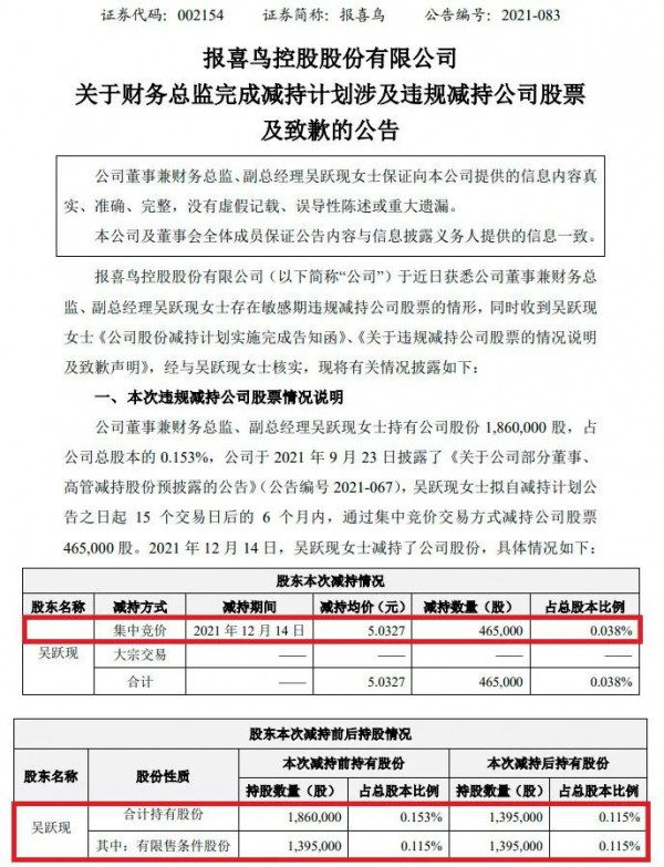 公开道歉!报喜鸟财务总监敏感期违规减持套现230万
