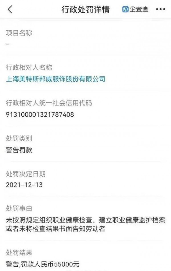 美特斯邦威违反职业病防治法被罚款罚款5.5万元!被强制执行超10万元