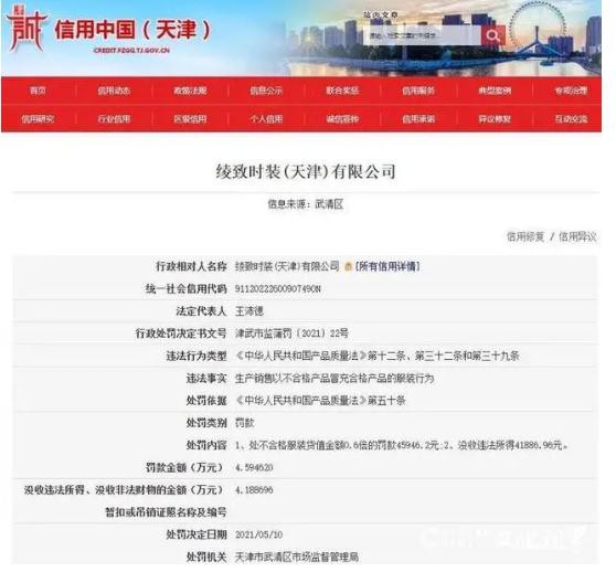 ONLY母公司绫致时装以次充好被罚款