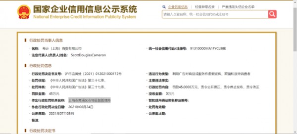 加拿大鹅公司因虚假宣传被行政处罚45万元,并关闭违规广告!