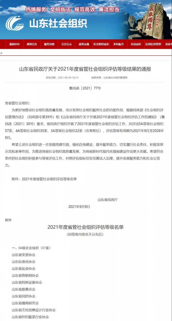 热烈祝贺!山东省纺织服装行业协会获评5A级省管社会组织