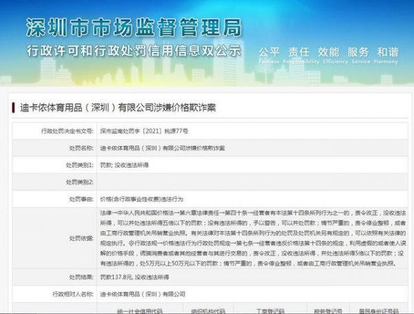 迪卡侬因产品质量不合格被行政处罚