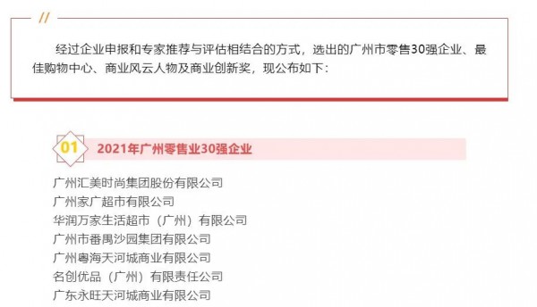 恭喜!汇美集团荣获“2021年广州零售业30强”!