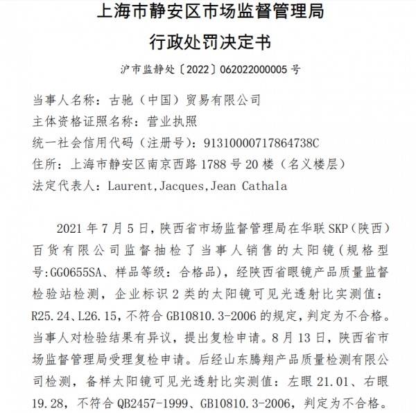 太阳眼镜抽检不合格,“GUCCI”被罚没超37万元