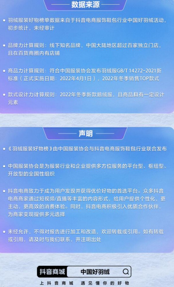 中国服装协会联合抖音电商服装鞋包行业最新发布2022年度《羽绒服装好物榜》