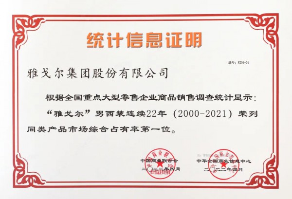 雅戈尔男衬衫,男西装再度荣获全国市场综合占有率第一