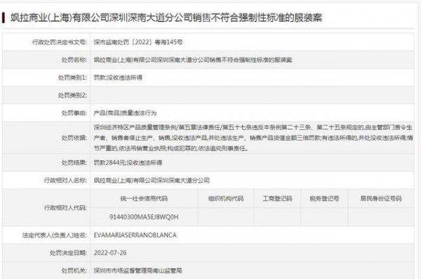 ZARA因生产假冒伪劣服装处罚2844元