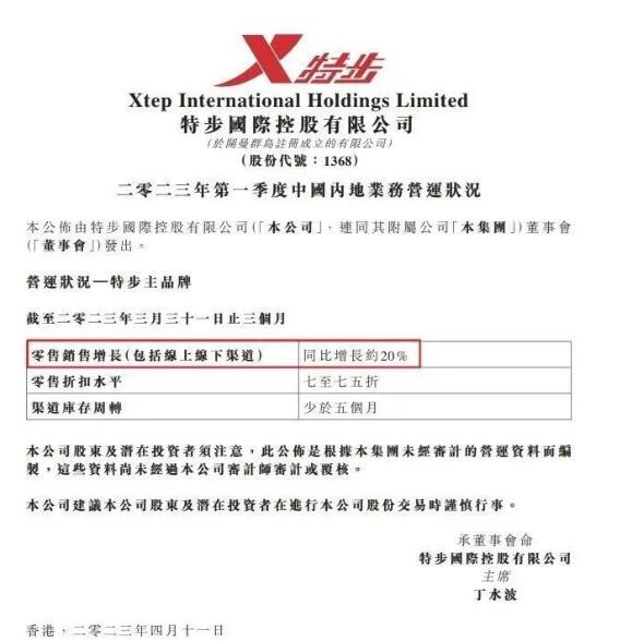 特步一季度中国内地销售同比增长约20%