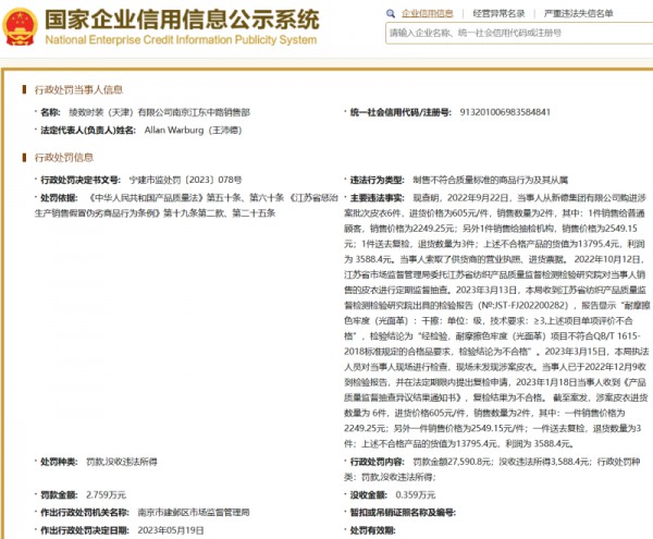 制售不符合质量标准的商品,杰克琼斯关联公司被罚款2.7万余元