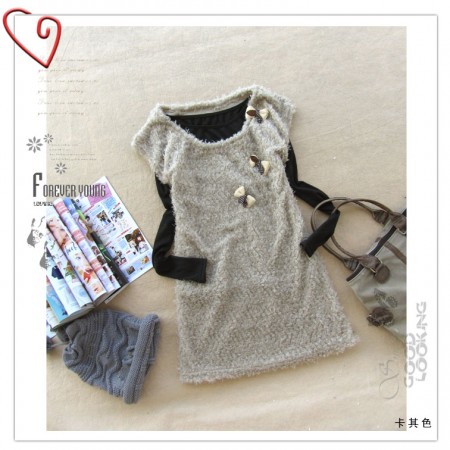 杰域2011秋冬装2011新款秋装日系可爱蝴蝶结中长款背心连衣裙针织衫毛衫803