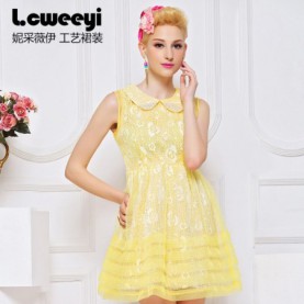 妮采薇伊Lcweeyi lcweeyi妮采薇伊夏季新款 镂空绣花欧根纱蕾丝公主淑女娃娃领连衣裙