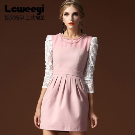 妮采薇伊2013春夏装Lcweeyi妮采薇伊春夏新款 女装欧美风无袖钉珠极修身显瘦OL毛呢连衣裙