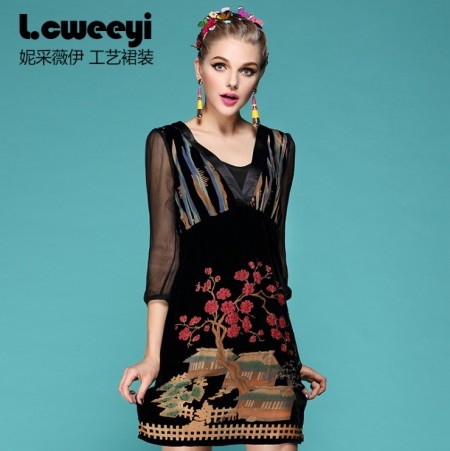 妮采薇伊2013春夏装lcweeyi妮采薇伊春夏女装新款高档丝绒两件套V领钉珠优雅高贵连衣裙