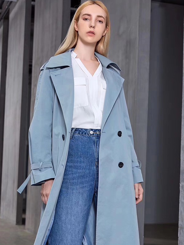 觅恋2020秋冬季浅蓝色纯色风衣