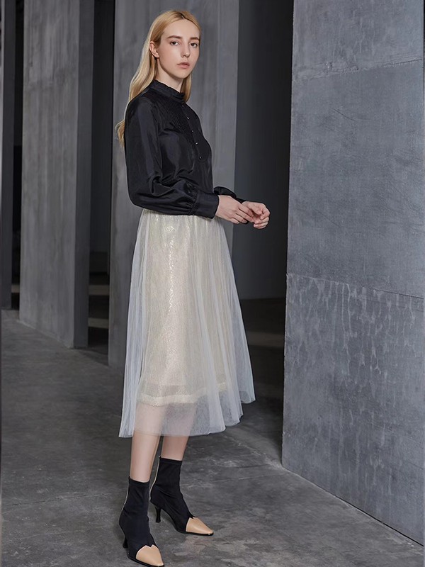 觅恋2020秋冬季黑色木耳边衬衫