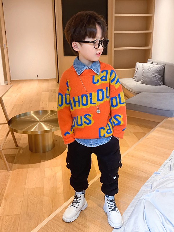 左西2020秋冬季橙色字母毛衣