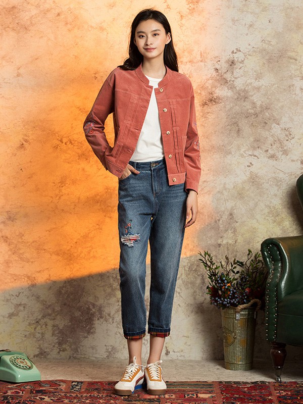 非鱼女装2020秋冬季橙色刺绣外套