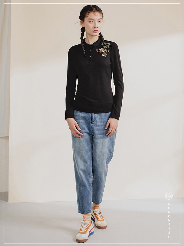 非鱼女装2020秋冬季黑色刺绣polo衫