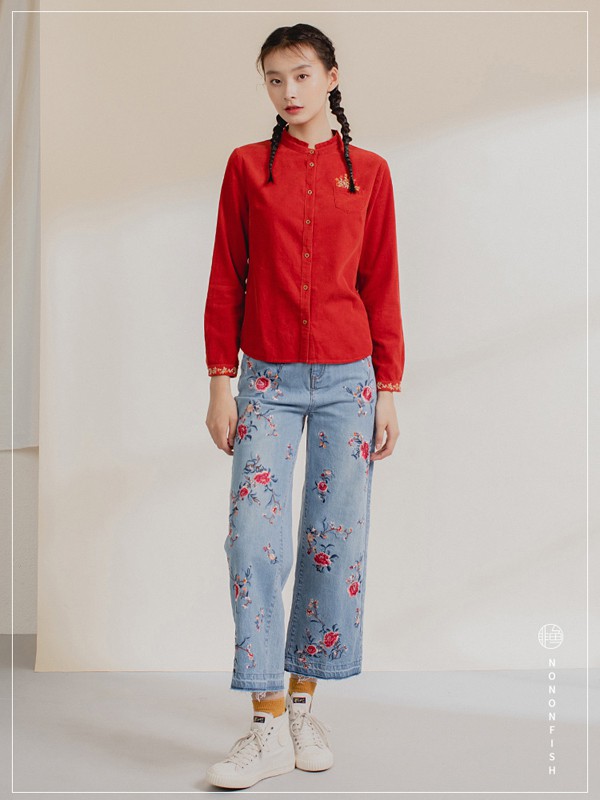 非鱼女装2020秋冬季黑色刺绣衬衫