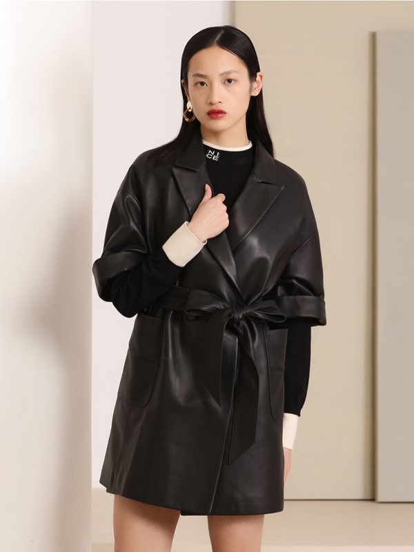 芊之美2020秋冬季黑色宽松皮衣